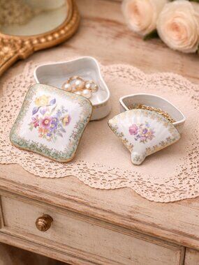 Pair of Vintage Porcelain Trinket Boxes German Pottery for Rings and Jewelry